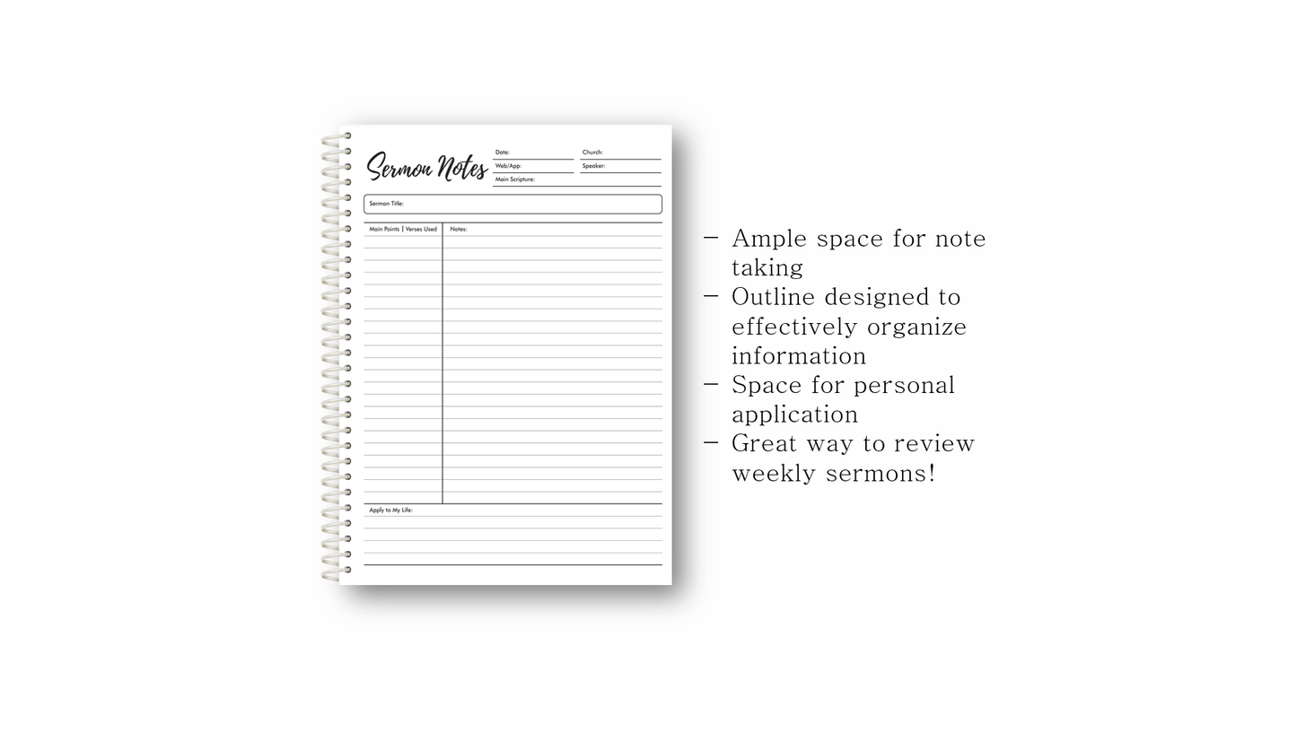 Sermon Notes Spiral-bound journal, 40 pages: Full Size- 8.5"x11"