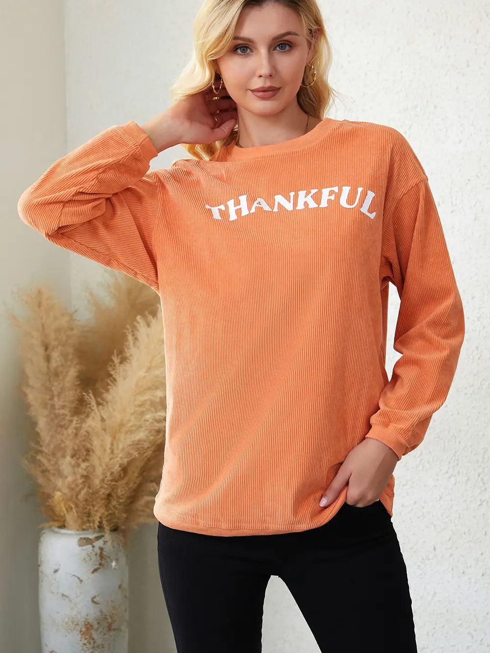 Orange Thankful Ribbed Corded Oversized Sweatshirt