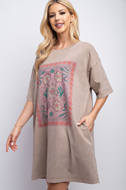 Mocha BOHO Print Washed T Shirt Dress