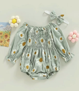 Green smocked Romper with flowers