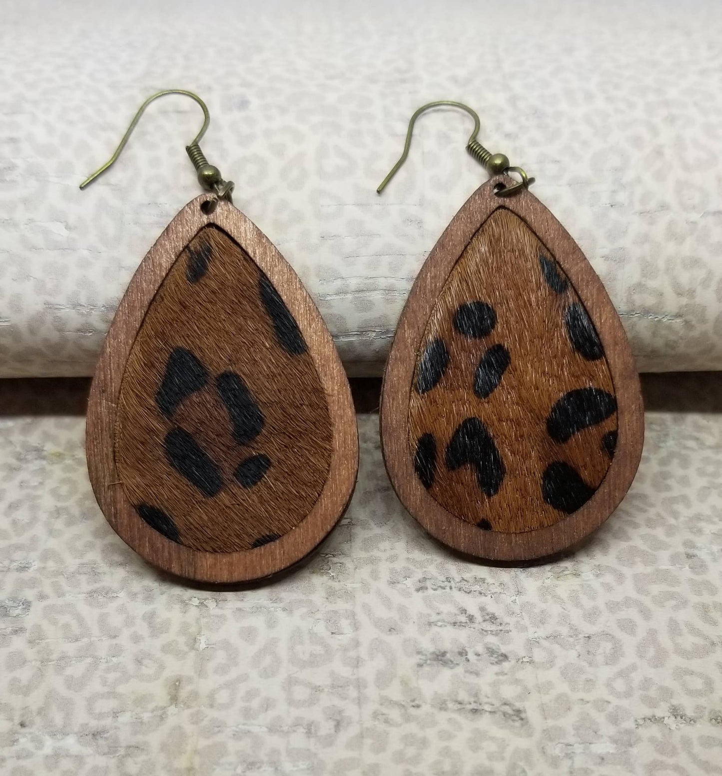 Chocolate Leopard Print Leather and Wood Teardrop Earrings